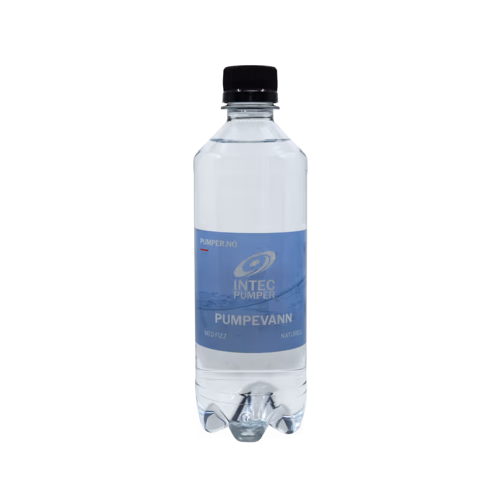Profilert Pure Arctic vannflaske på 500 ml med INTEC Pumper sin blå etikett og svart kork